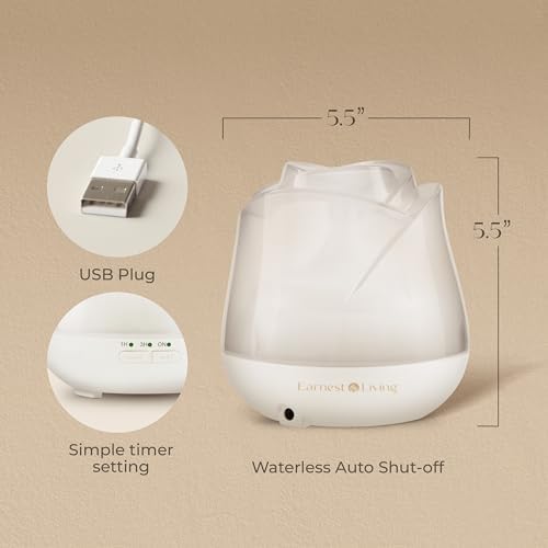 Earnest Living Rose Essential Oil Diffuser 150ml – Mini Ultrasonic Aromatherapy Humidifier for Bedroom & Desk, Quiet Mist, USB Powered, 7-Color Night Light, for Women, Frosted White