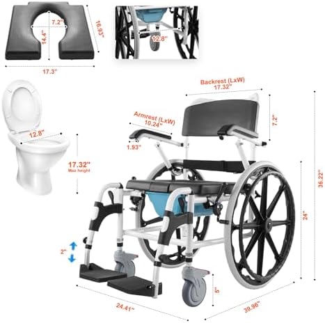 VEVOR Shower Wheelchair, 17.5in Width Aluminum Alloy Bathroom Wheelchair for Inside Shower, Adjustable Rolling Shower Chair w/Brake for Disabled Adult, 300 lbs Capacity Shower Commode Transport Chair