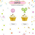 24pcs Tennis Cupcake Toppers, Tennis Ball Cupcake Picks for Sport Themed Baby Shower, Pink Glitter Tennis Cupcake Toppers for Tennis Player Birthday Party Supplies