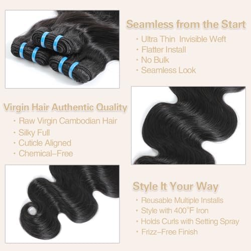 15A Cambodian Body Wave Bundles, 3 Bundles 18 20 22 Inch, Ultra Thin Double Drawn Sew In Weft, Unprocessed Raw Virgin Real Human Hair Extensions, Cuticle Aligned, Triple Lifespan, Reusable