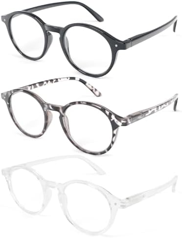 REAVEE 3 Pack Retro Round Reading Glasses for Men Women, Blue Light Blocking Readers Lightweight Spring Hinge