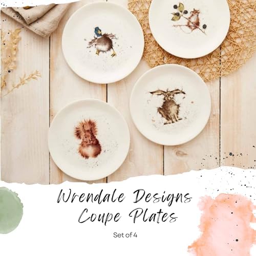 Portmeirion Royal Worcester Wrendale Designs Fine Bone China Coupe Plate, Set of 2-8 Inch Plates with Assorted Animal Designs - Hare, Duck, Hamster, Squirrel - Christmas Tableware for Cozy Dining