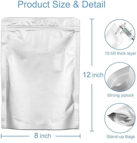 100pcs 2 QUART Mylar Bags for Food Storage - Thick 10 Mil - 8"x12" Stand Up Zipper Pouches Bags, Resealable and Heat Sealable Vacuum Sealing Bag for Long Term Food Storage