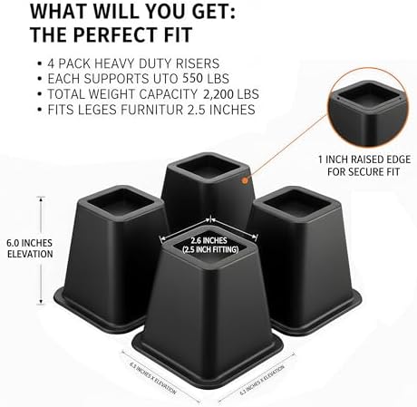 Bed Furniture Riser 4, 5 or 9 inches, Versatile Bed and Furniture Riser - Heavy Duty, Stackable, Supports 550 lbs Each Riser - Set of 8, Black (Black-Set of 4, 6 Inch)