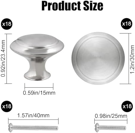 Romeda 30mm Silver Cabinet Knobs - 18 Pieces Drawer Pulls for Dressers, Kitchen, Cabinets With Screw