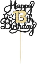 1Pc Happy 13th Birthday Cake Topper Black Gold Glitter Cheers to 13 Years Birthday Cake Pick 13 Official Teenager Cake Decoration for Happy 13th Birthday Anniversary Party Supplies