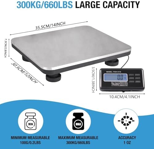 SurmountWay Shipping Scale 660lbs LCD Digital Platform Heavy Duty Portable Stainless Platform for Postal Shipping Scale Industrial Floor Scale W/ 14"X 12"