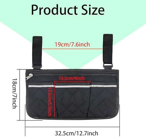 Wheelchair Side Bag with Reflective Stripe, Armrest Storage Pouch Organizer, Walker Accessory Pocket for Rollators Mobility Scooters, Black