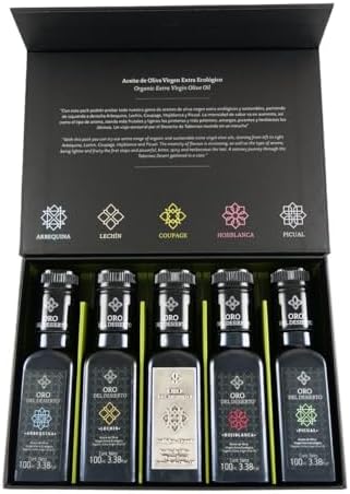 Oro del Desierto Deluxe Set of 2019 Harvest Organic Spanish Extra Virgin Olive Oil - 5 x 0.1 Liter / 5 x 3.4 Ounce Bottles