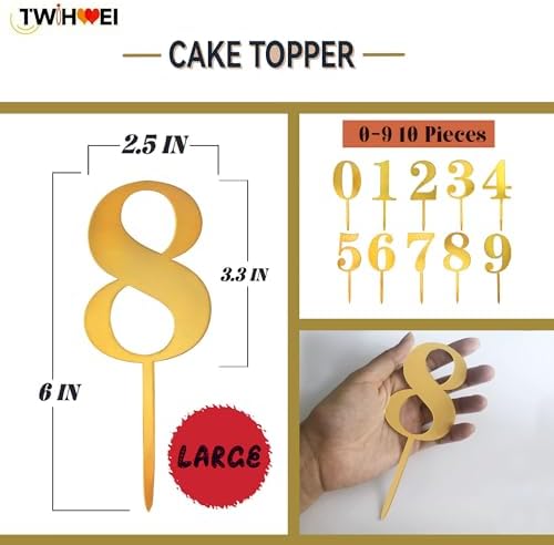 Big 6 IN 0-9 Gold Birthday Number Cake Toppers Large Golden Acrylic Happy Anniversary Cake Topper Sticks For Diy Handmade Cake Sign Decorations 10 Pcs Cupcake Topper Party Supplies Set