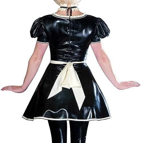 Natural latexFrench Maid Latex Dress with Apron Zipper Back Frills Puff Sleeves