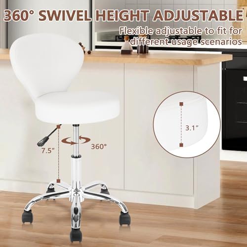 KLASIKA Rolling Swivel Salon Stool Chair with Back Support Adjustable Hydraulic for Office Massage Facial Spa Medical Drafting Tattoo Beauty Barber White