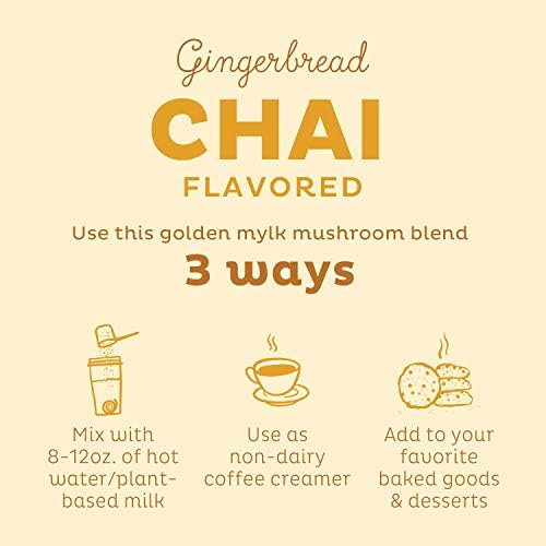 KOS Golden Mylk with Tumeric and Ginger, Organic Superfood Latte Powder, Adaptogen Mushroom Blend - Coffee Creamer, Dessert & Smoothie - Caffeine Free, Vegan, Dairy-Free, Gingerbread Chai, 28 Servings
