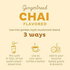 KOS Golden Mylk with Tumeric and Ginger, Organic Superfood Latte Powder, Adaptogen Mushroom Blend - Coffee Creamer, Dessert & Smoothie - Caffeine Free, Vegan, Dairy-Free, Gingerbread Chai, 28 Servings
