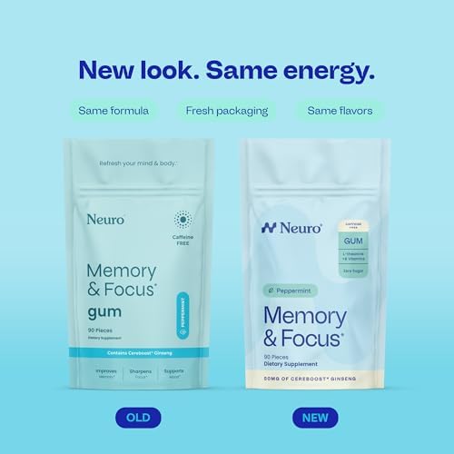 Neuro Memory & Focus Gum - Nootropic Gum with Vitamin B12, Vitamin B6, L-Theanine & Ginseng Extract - Natural Brain Support Supplement - Vegan, Caffeine & Sugar Free Chews - Peppermint, 90 ct