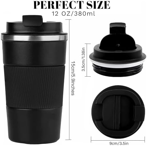 YINBAOGE Insulated Travel Coffee Mug, Spill & Leak Proof, Portable To Go Camping Stainless Steel Coffee Tumbler, Reusable Thermal Coffee Cup with Lid for Hot & Cold Drinks (Black, 12 OZ)