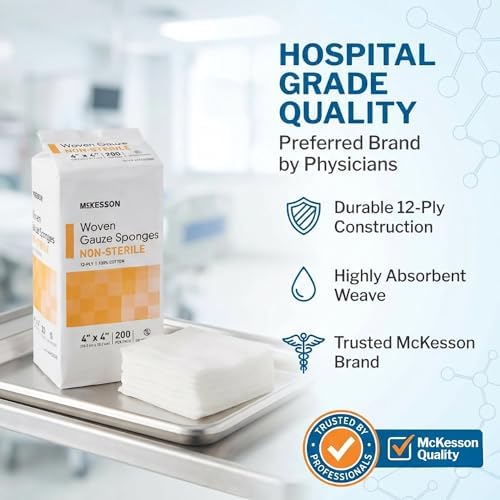 McKesson Non-Sterile Gauze Pads 4x4 Inch (200 Count) - 12-Ply 100% Cotton Non-Sterile Woven Sponges for Wound Care & First Aid - Highly Absorbent & Breathable Medical Supplies