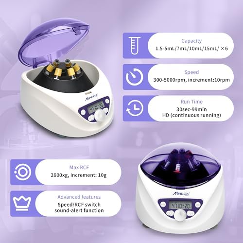 Lab PRP Benchtop Centrifuge Machine, Speed Range from 300-5000RPM, Rotor for 1.5-5mL/7mL/10mL/15mL/ x6 Tubes, Max. RCF 2600xg Low Speed PRF Benchtop Centrifuge, CEN-001