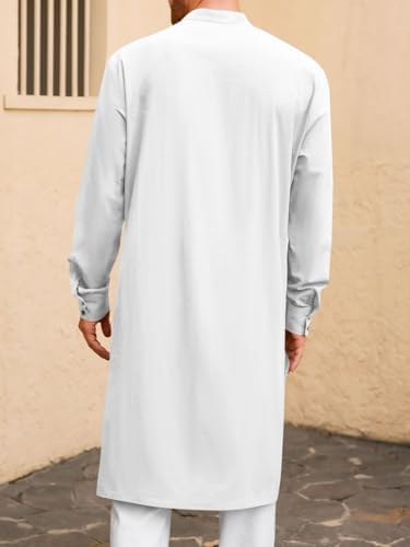 Runcati Mens Kaftan Robe Button Down Long Sleeve Cotton Linen Thobe Casual Muslim Gown Henley Shirt