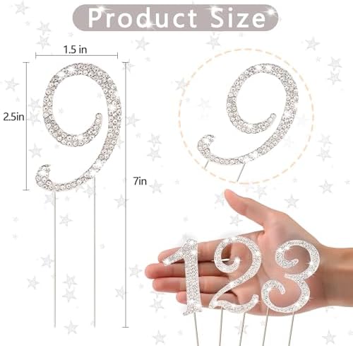 BEIDHIA Number Cake Topper 0-9,Silver Bling Rhinestone Happy Birthday Cake Topper for 9th 16th 18th 21st 30th 40th 60th 70th Birthday Party Anniversary Wedding Cake Decorations