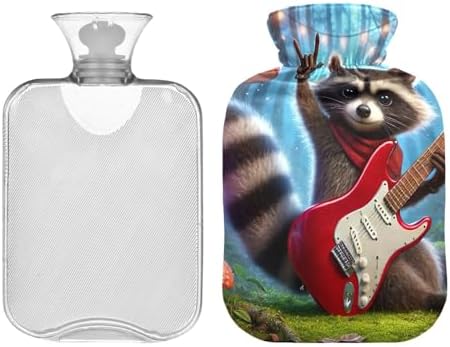 Cute Raccoon Holding Guitar Hot Water Bottle with Soft Cover Feet and Bed Warmer Hot Water Bag for Neck and Shoulder Pain Relief, 1L