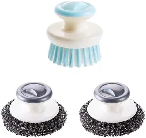 2Pcs Stainless Steel Wool Scrubber with Handle and 1 Pcs Dish Brush,Heavy Duty Pot Scrubbers Dish Scrubber Cleaning Brush Wash for Kitchen Pots, Grills, Pans, Sink (1+2)