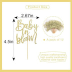 Baby In Bloom Cupcake Toppers - Glittered Paper Baby Shower Cake Decoration, Pregnancy Announcement Cup Cake Picks, 12 PCS Glitter Gold Baby In Bloom Toppers, Party Photo Props