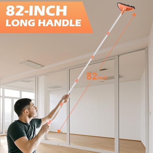 Wall Cleaner Triangle Mop with 82'' Long Handle - Wall Scrubber, Cleaning Washer Tool with 4 Microfiber Chenille Duster Pads for Clean Walls, Ceiling, Windows, Baseboards, Floors (Orange, 6 Pads)