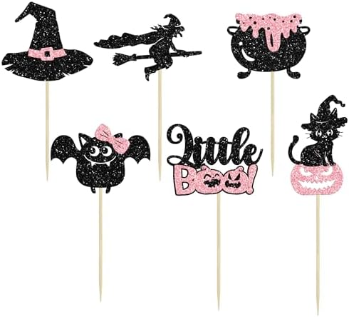 Gyufise 24Pcs Halloween Cupcake Toppers Glitter Pink Ghost Little Boo Bat Witch Cat Pumpkin Cupcake for Halloween Theme Baby Shower Birthday Party Cake Decorations Supplies