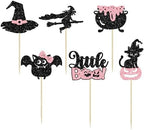 Gyufise 24Pcs Halloween Cupcake Toppers Glitter Pink Ghost Little Boo Bat Witch Cat Pumpkin Cupcake for Halloween Theme Baby Shower Birthday Party Cake Decorations Supplies
