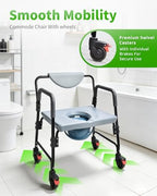 Bedside Commode - Rolling Shower Chair with Wheels - Portable Toilet for Elderly - Rear Locking Wheels 7-qt Commode Bucket Included, HDB-601A