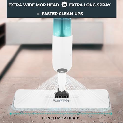 True & Tidy® SPRAY-250 Multi-Surface Spray Mop with Refillable Water Bottle for Floor Cleaning, Works on Wood, Tile, Marble etc, Use Any Cleaning Solution, Machine Washable Microfiber Mop Pads, White