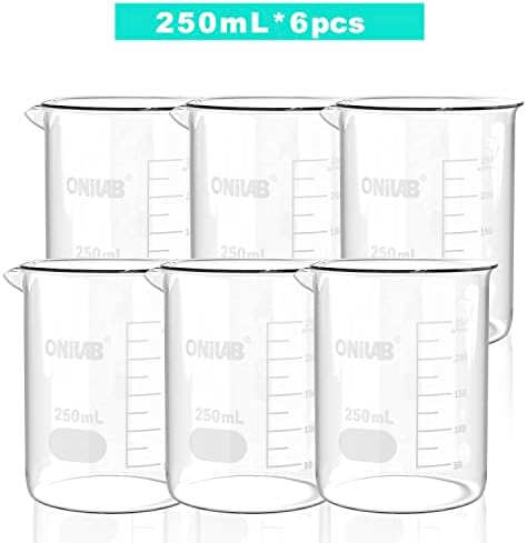 ONiLAB 8.5oz(250ml) Sturdy Glass Beaker, 3.3 Borosilicate Griffin Low Form with Printed Graduation, Pack of 6 13900250