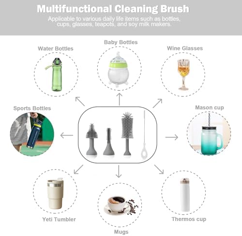 Electric Baby Bottle Brush Set with Rechargeable Electric Bottle Brush Cleaner and Replaceable Silicone Bottle Brushes and Straw Brush Cleaner, Waterproof Multi-Purpose Cleaning Brush（Grey）