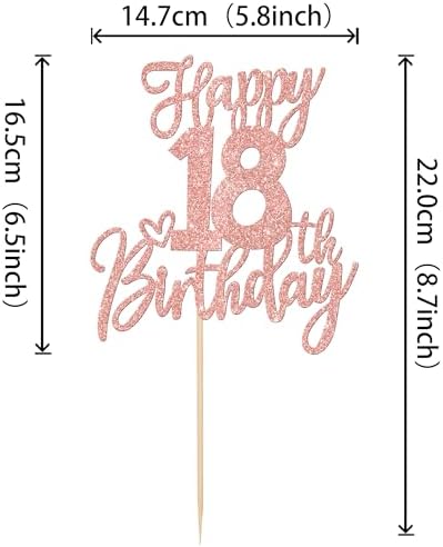 1 PCS Happy 18th Birthday Cake Topper Glitter Cheers to 18 Years Birthday Cake Pick Eighteen Hello 18 Fabulous Cake Decorations for Happy 18th Birthday Anniversary Party Supplies Rose Gold