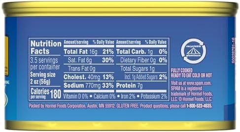 SPAM Classic, 7 oz Cans, (Pack of 12) – Fully Cooked Pork with Ham, Gluten-Free, Shelf-Stable