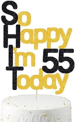 So Happy I'm 55 Today! Birthday Cake Toppers-Black Glitter, Fifty Five Cake Topper, 55 cake toppers, 55th birthday decorations,55th Birthday Cake Topper, 55 Decorations for Cake
