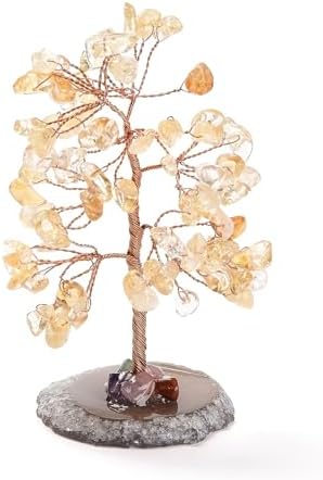 2Pcs Natural Citrine Chips Stone Tree Decorations with Agate Pedestal Display Energy Lucky Crystal Tree Ornaments Garden House Living Room Desk Office Table Home Decor Birthday Crystal Jewelry Gifts