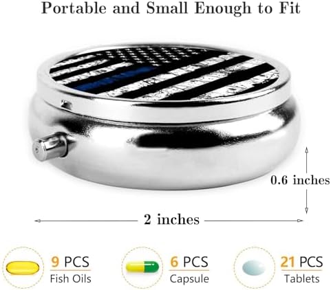 Pill Box, Small Pill Organizer with 3 Compartments and Mirror, Cute Round Portable Travel Metal Pill Case for Pocket or Purse, Privacy-Protecting Medicine Box-Black Blue Tree Leaves American Flag