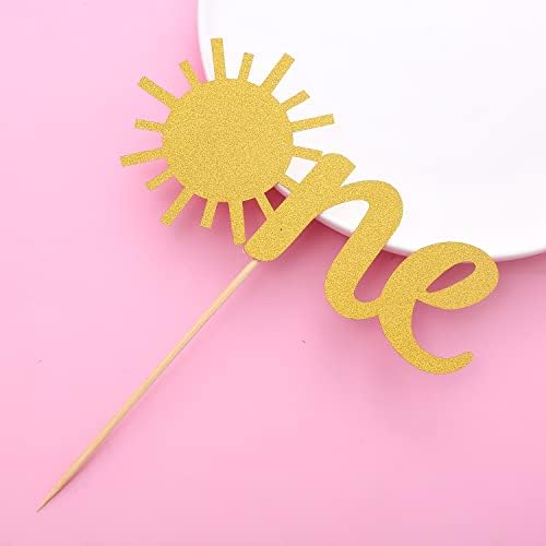Sun One Birthday Cake Topper - Single-sided Gold Glitter Sunshine 1st Birthday Cake Smash Topper, Baby First Anniversary Shower Party Topper, Photo Booth Props