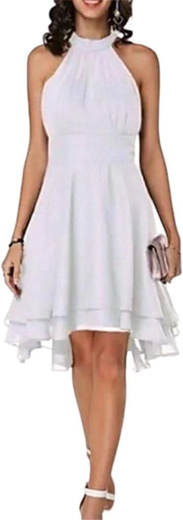 Women High Waist Sleeveless Midi Dress Solid Chiffon Layered Party Slim