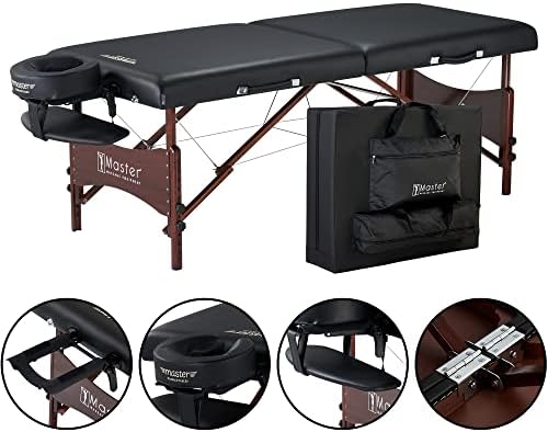 Master Massage Newport Portable Massage Table Package with Denser 2.5" Cushion, Walnut Stained Hardwood, Steel Support Cables, Pillows & Accessories, Black, 30"