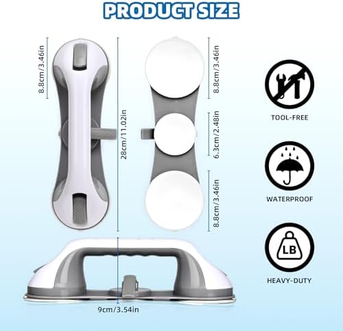 Grab Bars for Bathtubs and Showers 3 Suction Cups Shower Handle, Heavy Duty Safety Shower Grab Bars for Seniors and Elderly, Handicap Bars for Bathroom 2 Pack, Gray
