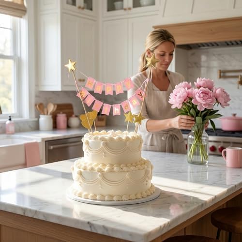 Happy Birthday Cake Topper Banner - Handmade Ivory Pennant Flag Banner Cake Topper with Wooden Polls - Perfect for cakes, donut cakes, cupcakes and more! (Pink)