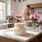 Happy Birthday Cake Topper Banner - Handmade Ivory Pennant Flag Banner Cake Topper with Wooden Polls - Perfect for cakes, donut cakes, cupcakes and more! (Pink)