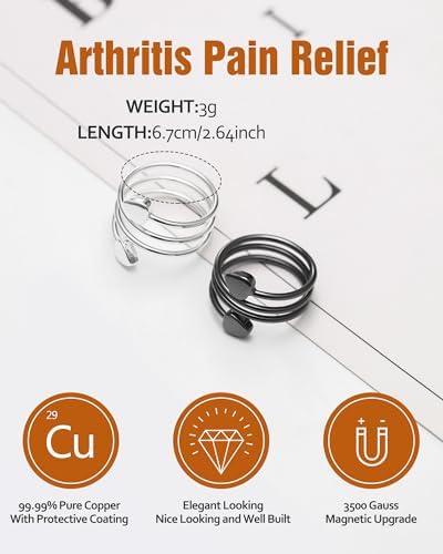 Jecanori Lymphatic Drainage Therapeutic Magnetic Therapy Rings for Women,Adjustable Lymphatic Drainage Copper Magnetic Therapy Rings, Magnetic Lymph Detox Ring Love Heart Gift(2PCS) (Black & Sliver)