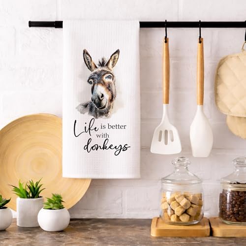 Donkey Kitchen Towels, Life is Better with Donkeys Decorative Dish Towels Gift for Bathroom Kitchen Farmer, Rustic Farmhouse Funny Hand Tea Bar Towel for Home Apartment Dorm Farm 16x24in