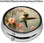 Pill Box, Small Pill Organizer with 3 Compartments and Mirror, Cute Round Portable Travel Metal Pill Case for Pocket or Purse, Privacy-Protecting Medicine Box-Hummingbird Flowers