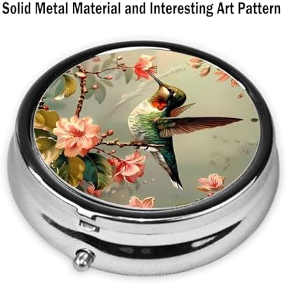 Pill Box, Small Pill Organizer with 3 Compartments and Mirror, Cute Round Portable Travel Metal Pill Case for Pocket or Purse, Privacy-Protecting Medicine Box-Hummingbird Flowers