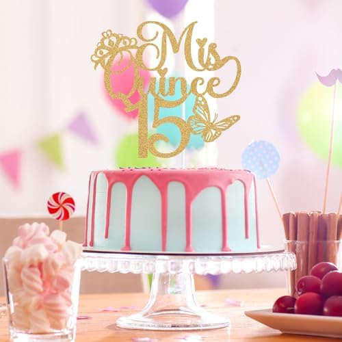 Mis Quince 15 Cake Topper, Mis Años 15, Feliz 15 Años, Cheers to 15 Years, Happy 15th Birthday Party Decorations Gold Glitter
